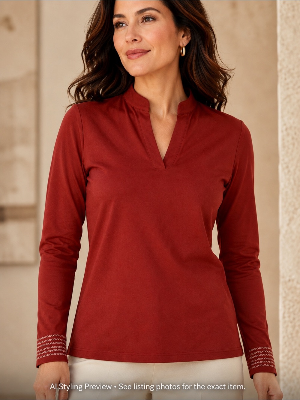Nitya US 14 Burgundy V Neck Pullover Embroidered Cuffs Stretch